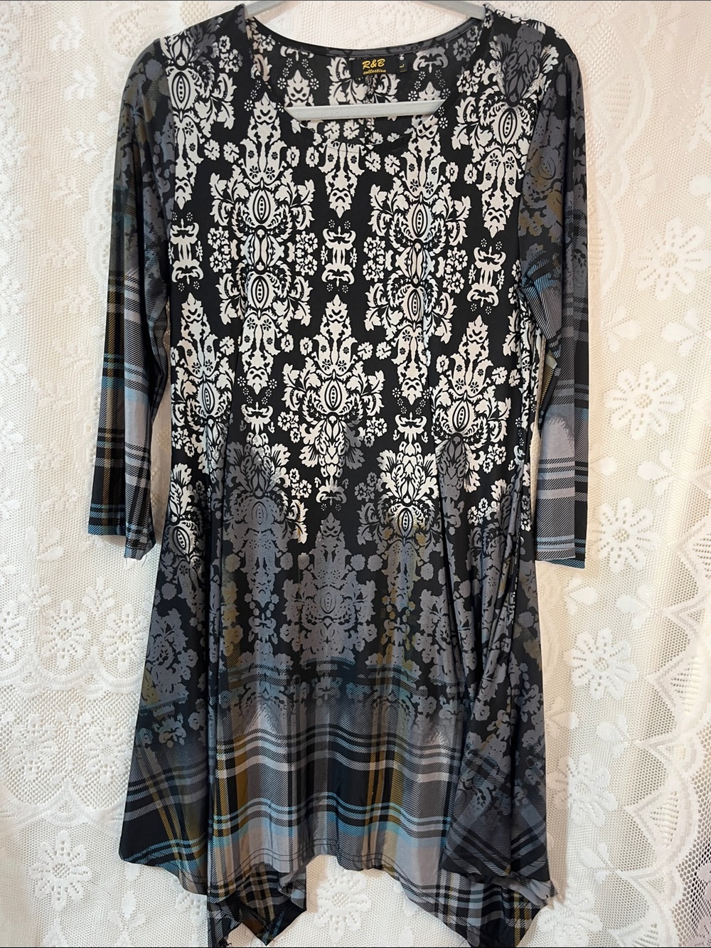 R&B Collection Black Patterned Plaid Fit-and-Flare Dress L